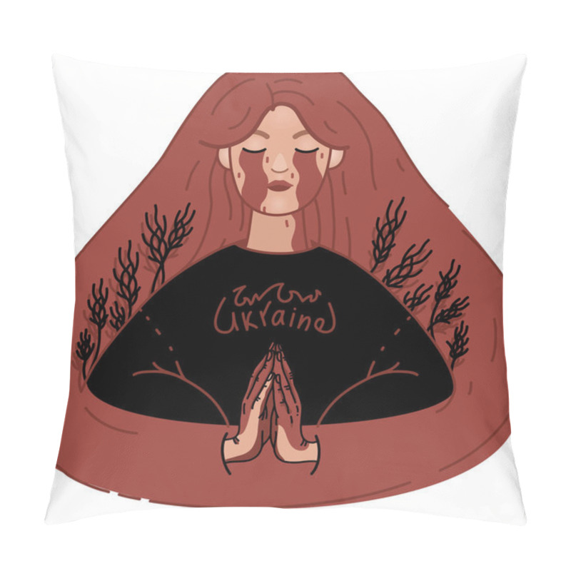 Personality  Illustration Of Crying Ukrainian Woman In Sweater With Ukraine Lettering Praying With Closed Eyes  Pillow Covers