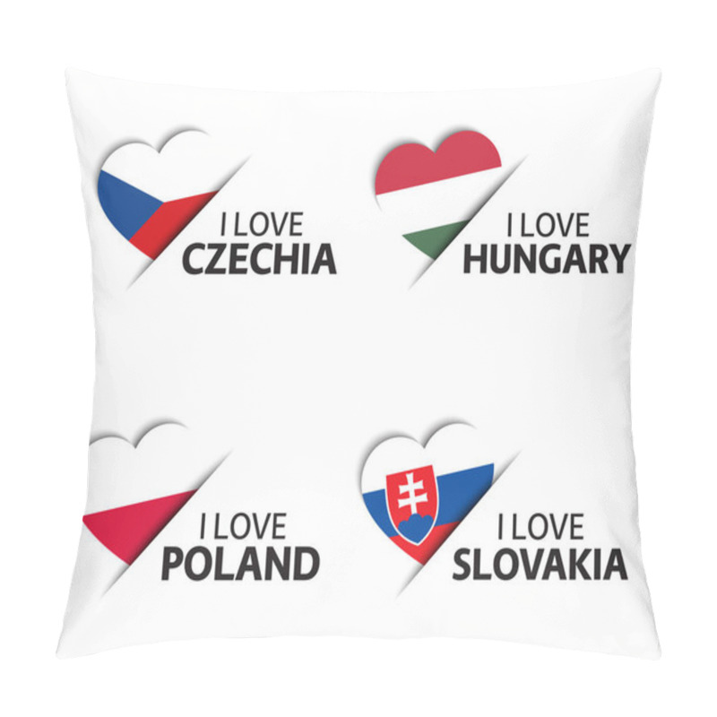 Personality  Set Of Four Czech, Hungarian, Polish And Slovak Heart Shaped Stickers. I Love Czech Republic, Hungary, Poland And Slovakia. Made In Poland. Simple Icons With Flags Isolated On A White Background Pillow Covers