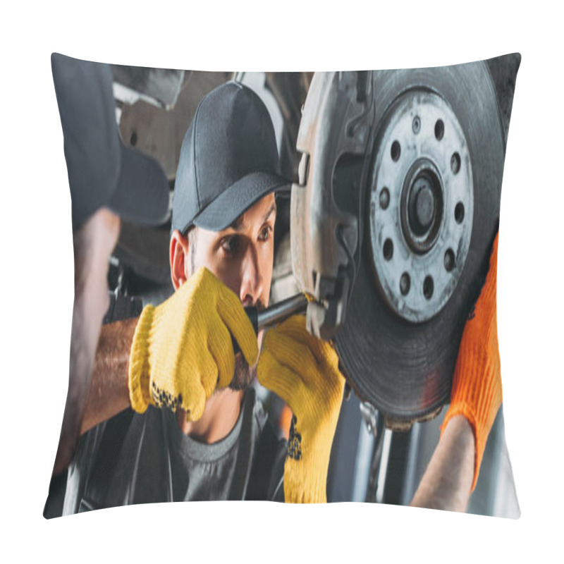 Personality  Professional Mechanics Repairing Car Without Wheel In Workshop Pillow Covers