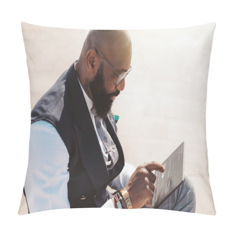 Personality  A Mature Bald Bearded African Businessman In An Elegant Outfit And Glasses Is Using On The Street A Futuristic Tablet Pc With A Glowing User Interface Having Chromatic Aberrations And Buttons Pillow Covers