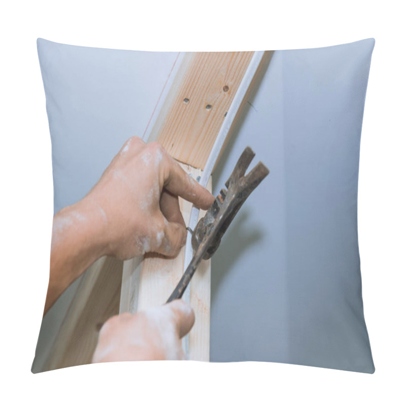 Personality  Craftsman Carefully Using Hammer To Secure Electrical Wiring To Wooden Framing In Residential Construction Project Pillow Covers