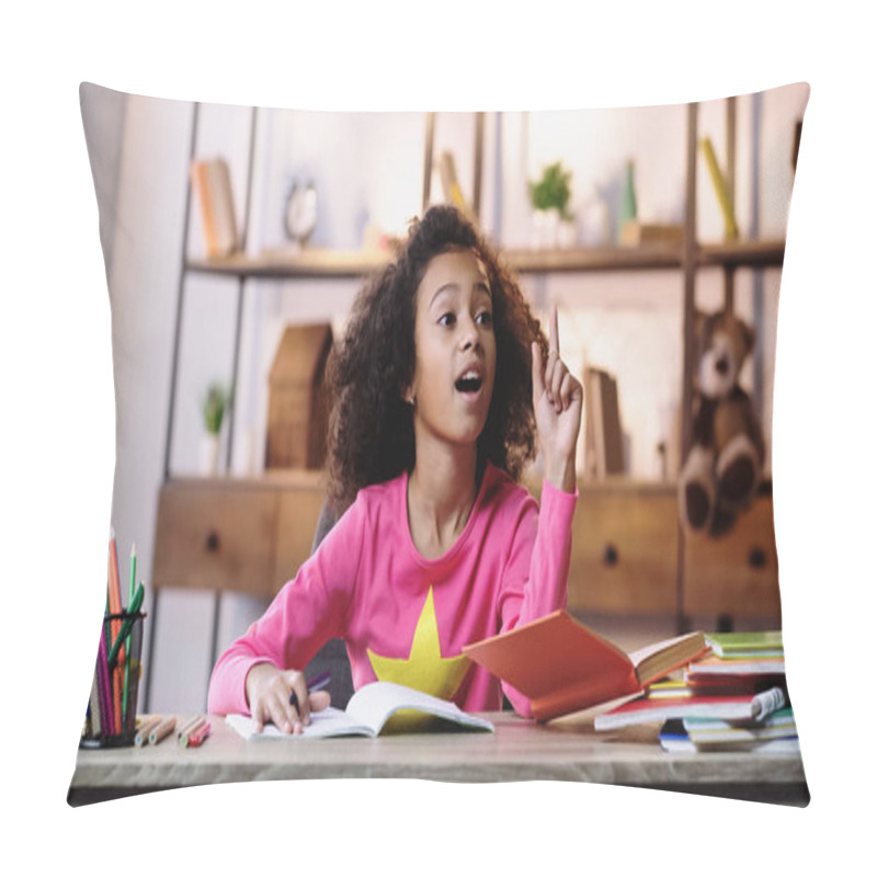 Personality  Curly African American Schoolgirl Having Idea While Doing Homework  Pillow Covers