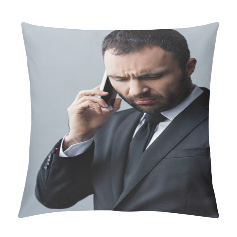 Personality  Thoughtful Bearded Man In Black Suite Looking Down While Using Smartphone Pillow Covers