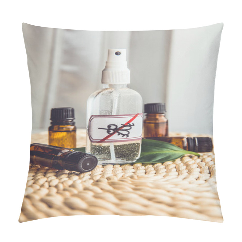 Personality  Homemade Essential Oil Based Mosquito Repellent. Flat Lay View Of Spray Bottle Surrounded By Brown Essential Oil Bottles On Bamboo Mat Background. Pillow Covers