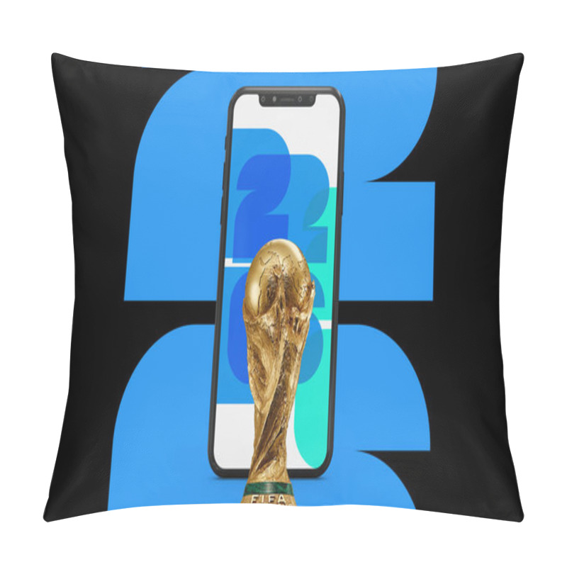 Personality  The 26 FIFA WORLD CUP Logo Trophy With Mobile In North America. Hosted By The United States, Canada And Mexico. 3d Rendering Illustration Pillow Covers