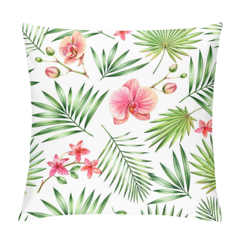 Personality  Watercolor Tropical Seamless Pattern. Pink Orchid Flowers And Palm Leaves Isolated On White. Botanical Hand Drawn Floral Background For Surface, Textile, Wallpaper Design Pillow Covers