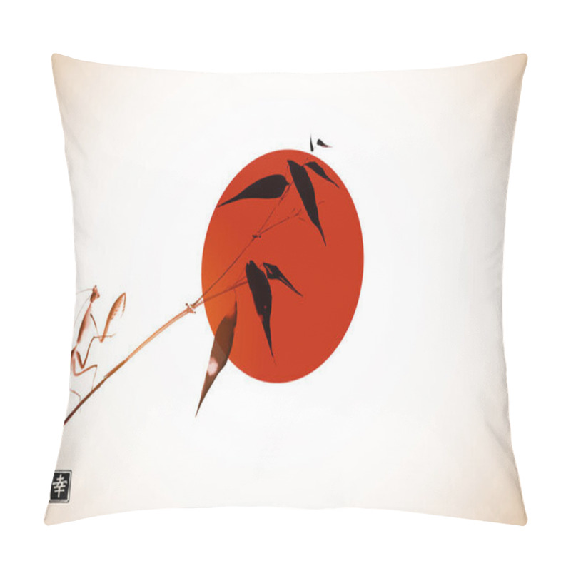 Personality  Ink Wash Painting With Big Red Sun And Praying Mantis Sitting On Bamboo Branch. Traditional Oriental Ink Painting Sumi-e, U-sin, Go-hua. Hieroglyph - Happiness Pillow Covers