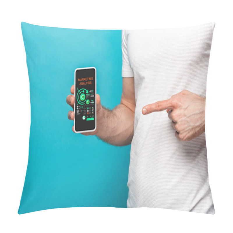 Personality  Cropped View Of Man Pointing At Smartphone With Marketing Analysis App, Isolated On Blue Pillow Covers