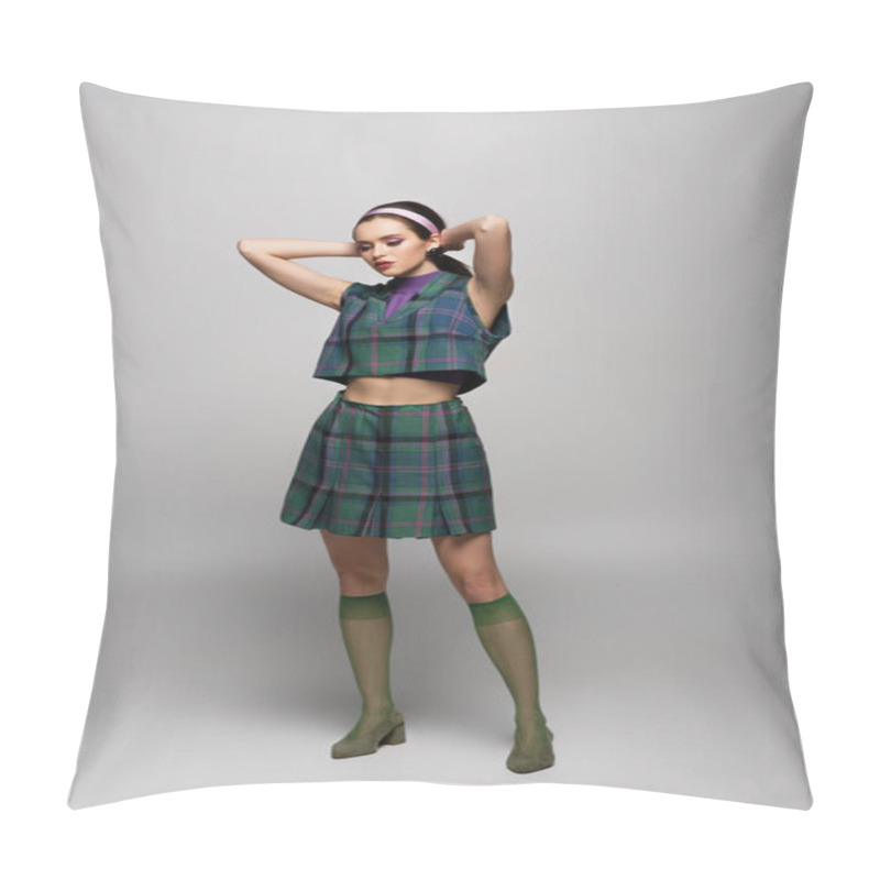 Personality  Full Length Of Stylish Young Woman In Headband And Checkered Outfit Posing On Grey  Pillow Covers