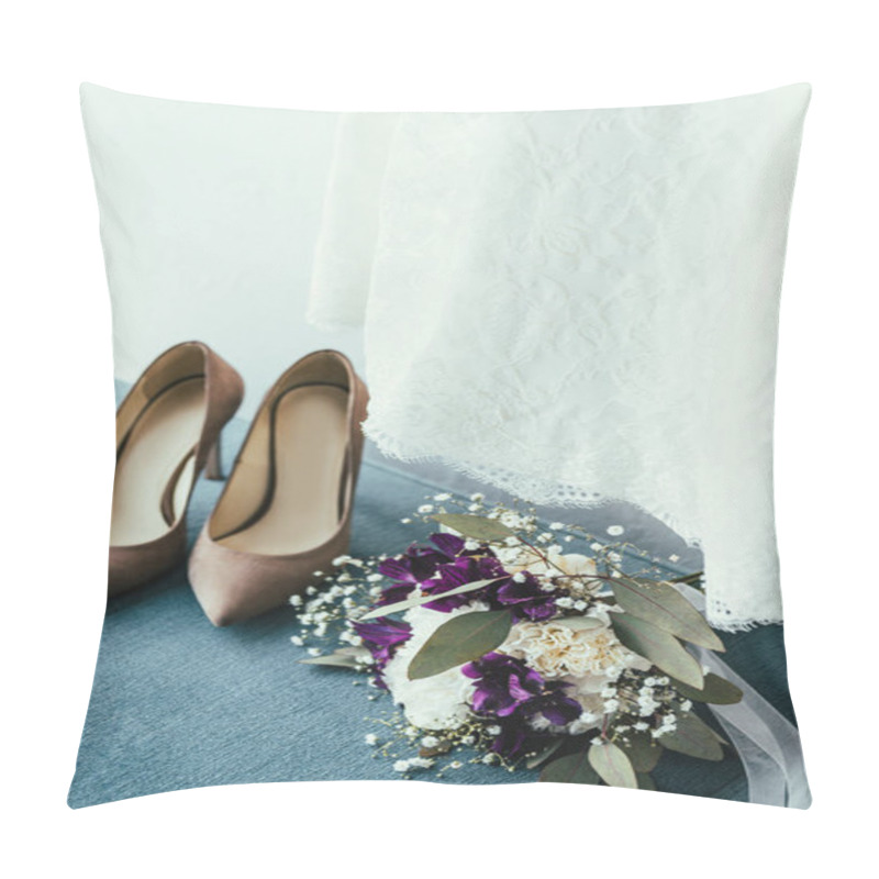 Personality  Close Up View Of Bridal Shoes, Wedding Bouquet And Dress For Rustic Wedding Pillow Covers