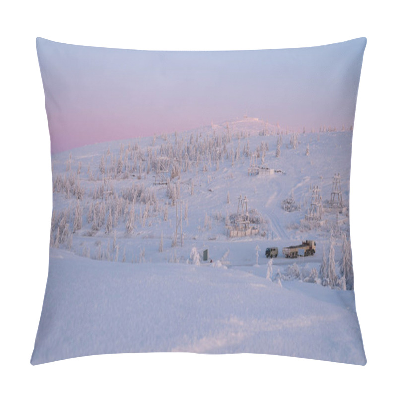 Personality  Ust-Nera, Oymyakonsky District / Sakha Republic, Russia - January 06 2020: Amazing View On Dangerous Highway Kolyma, Also Called The Road On Bones.  Parking At Olchansky Pass At Sunrise. Pillow Covers