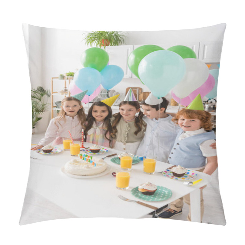 Personality  Group Of Happy Children Singing Happy Birthday Song Next To Cake With Candles And Balloons  Pillow Covers