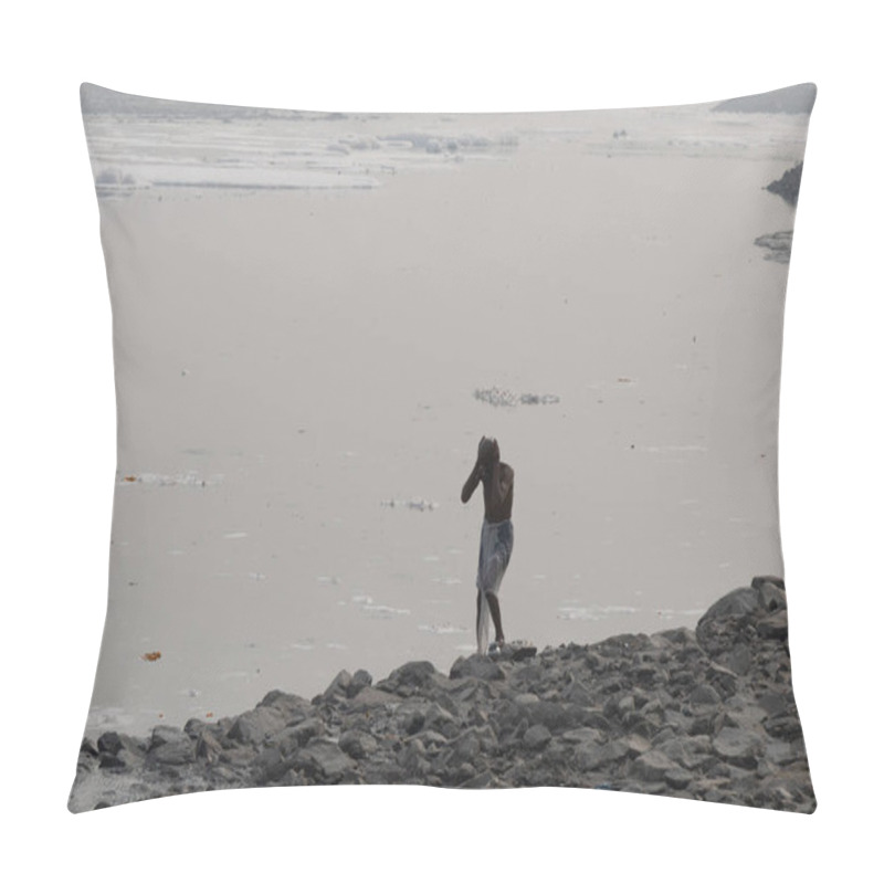 Personality  Isolated Man Performing Holy Rituals In Polluted River With Toxic Foam At Misty Morning Pillow Covers