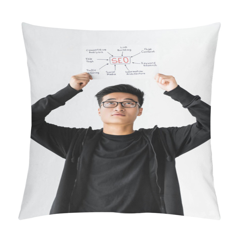 Personality  Asian Seo Manager Holding And Looking At Paper With Concept Words Of Seo  Pillow Covers