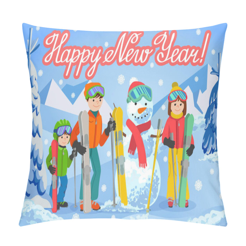 Personality  Vector Illustration Of New Year Congratulation Card With Winter Landscape Happy Family Playing Snowman, Skiing, Walking Outdoor. Pillow Covers