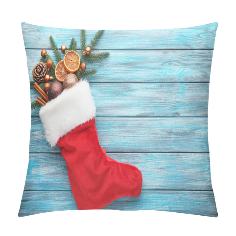 Personality  Red Stocking With Fir-tree Branches And Christmas Decorations On Wooden Table Pillow Covers