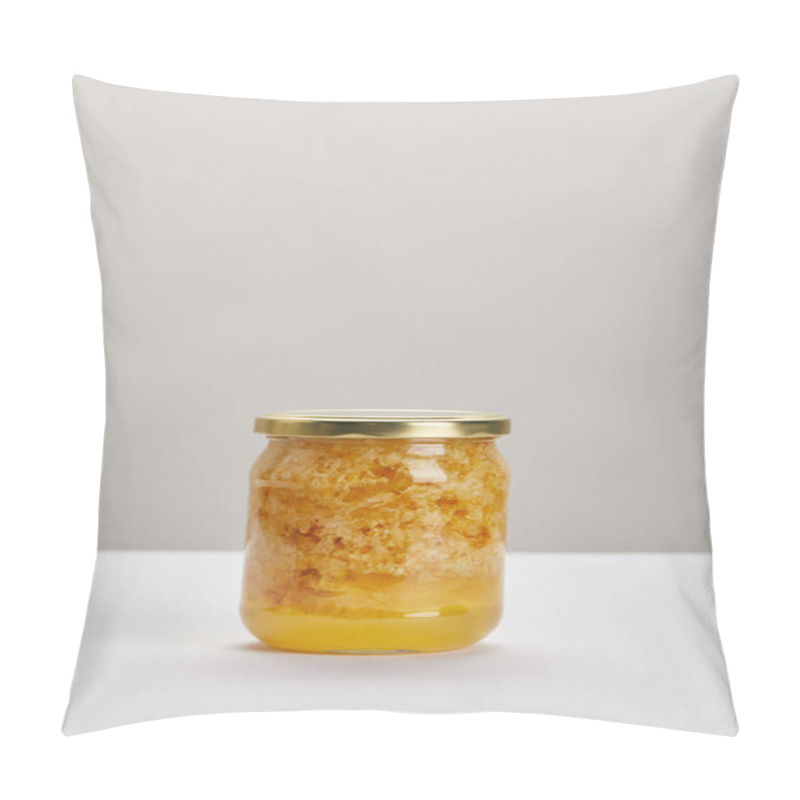 Personality  Close Up View Of Glass Jar With Honey On White Surface On Grey Backdrop Pillow Covers