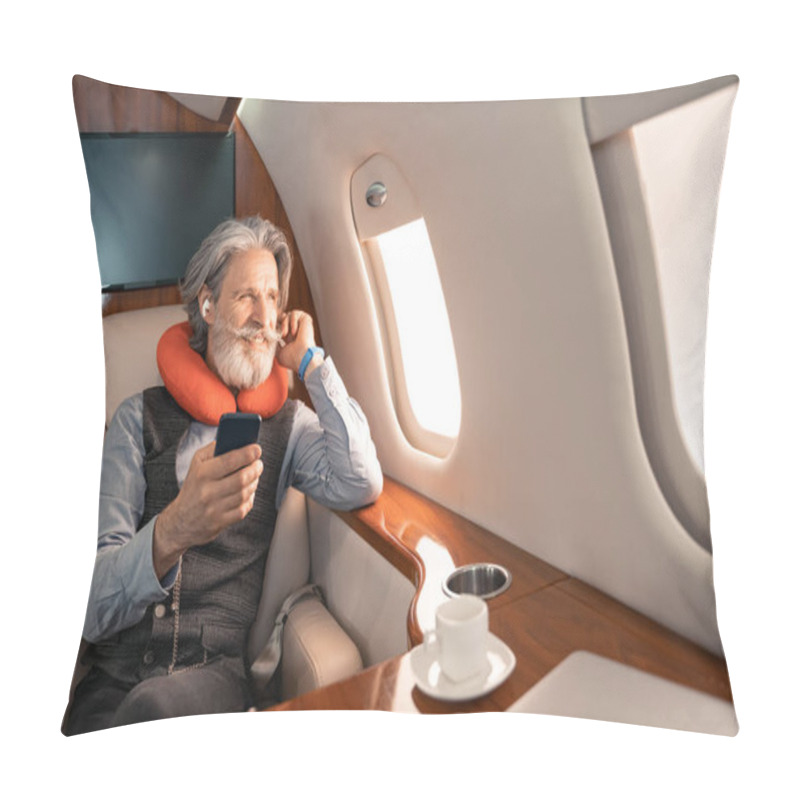 Personality  Smiling Businessman In Earphones And Neck Pillow Holding Smartphone In Private Plane  Pillow Covers