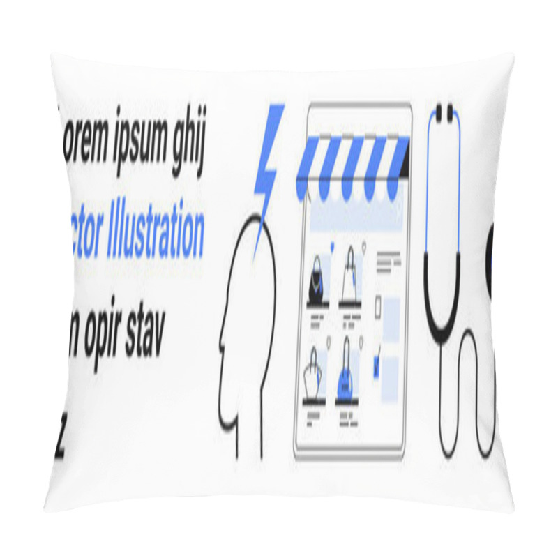 Personality  Brain Analyzing Icon, Website Interface With User Profiles, And Stethoscope. Ideal For Health Tech, Telemedicine, Mental Health, Medical Research, Diagnostics, Online Consultation And Health Apps Pillow Covers