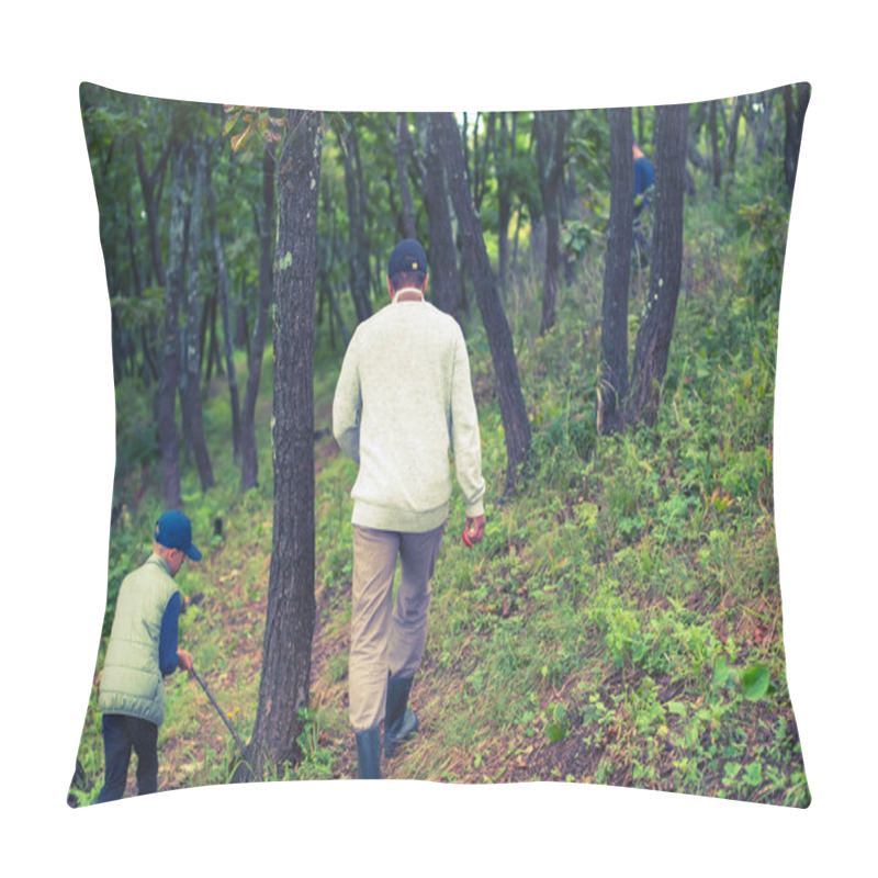 Personality  A Man And A Boy Collect Mushrooms In The Forest. Wildlife Active Recreation Tourism Pillow Covers