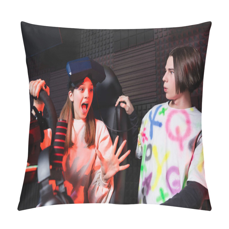 Personality  Amazed Girl On Car Simulator Gesturing Near Surprised Friend Pillow Covers