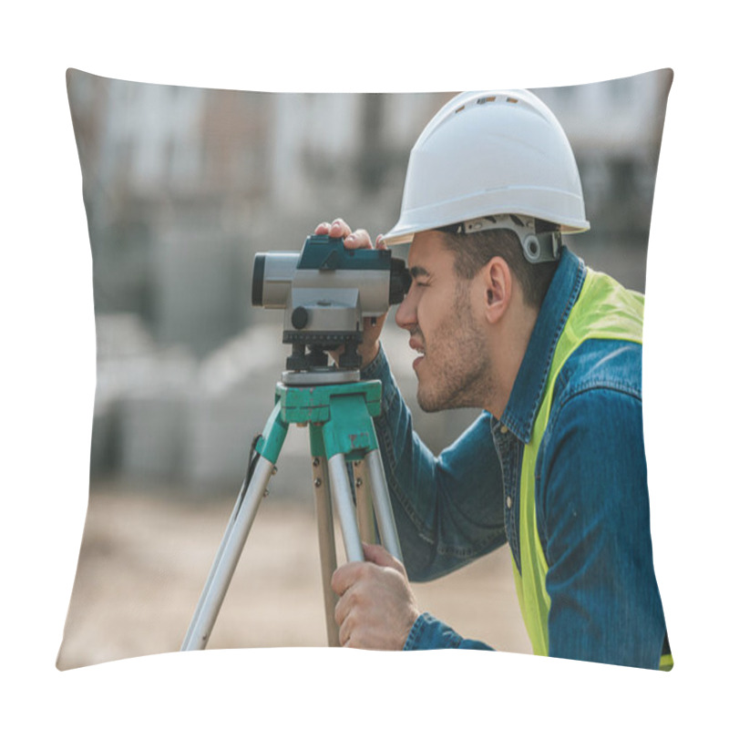 Personality  Side View Of Surveyor Looking Through Digital Level  Pillow Covers