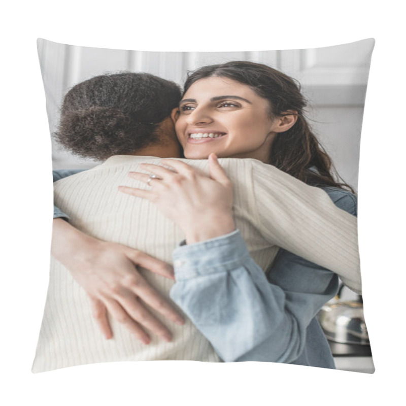 Personality  Happy Lesbian Woman With Wedding Ring On Finger Smiling And Hugging Multiracial Girlfriend   Pillow Covers