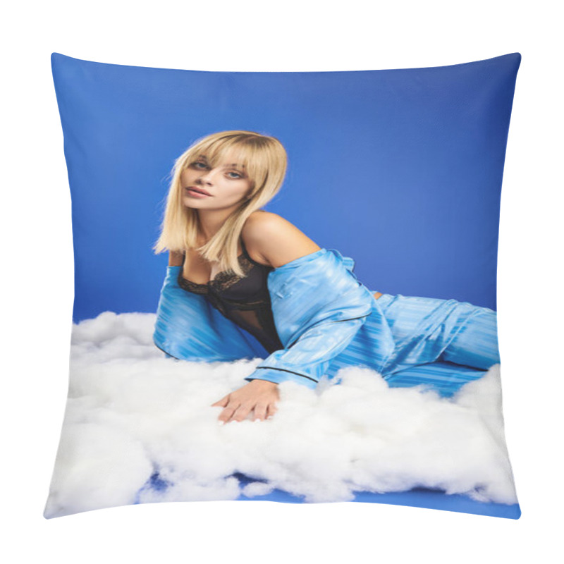 Personality  Blonde Woman In Vibrant Attire Lays On A Fluffy Pile Of Clouds In A Sky-blue Atmosphere. Pillow Covers