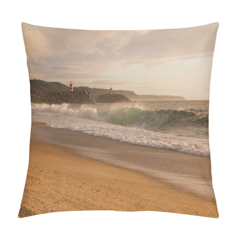 Personality  Sunset On The Beach In Nazare, Portugal. Last Lights On The Beach With His Two Lighthouses In The Background Pillow Covers