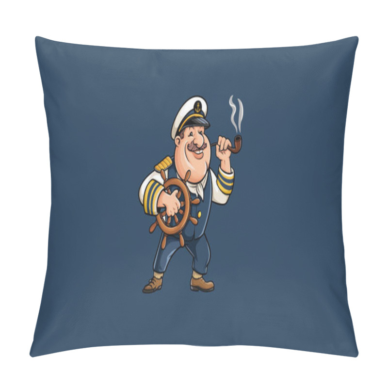 Personality  Cheerful Cartoon Captain With A Ship Wheel And Smoking Pipe. Pillow Covers