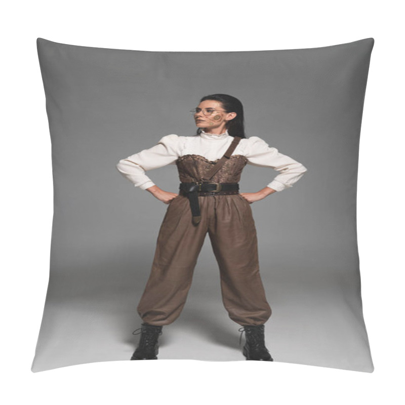 Personality  Full Length View Of Pensive Steampunk Woman In Glasses Standing With Hands On Hips On Grey Pillow Covers