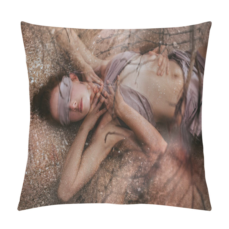 Personality  Beautiful Young Woman Covered With Fabric And Blindfolded. Double Exposure Concept Pillow Covers