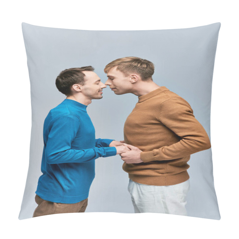 Personality  Two Young Men, A Loving Gay Couple, Stand Together In Casual Attire Against A Gray Backdrop. Pillow Covers