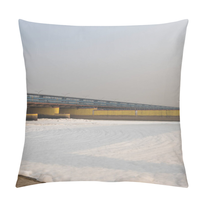 Personality  Polluted River With Industrial And Domestic Effluents Toxic Foam And Road Bridge At Morning Image Is Taken At Yamuna River Okhla Barrage Delhi India. Pillow Covers