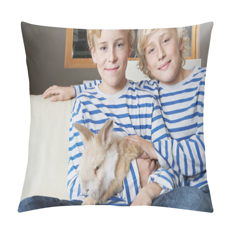 Personality  Two Brothers And Their Rabbit Pet Sit Together On A Sofa At Home, Smiling. Pillow Covers