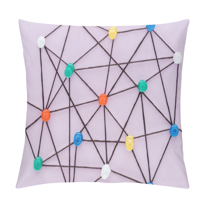 Personality  Top View Of Push Pins Connected With Strings Isolated On Pink, Network Concept Pillow Covers