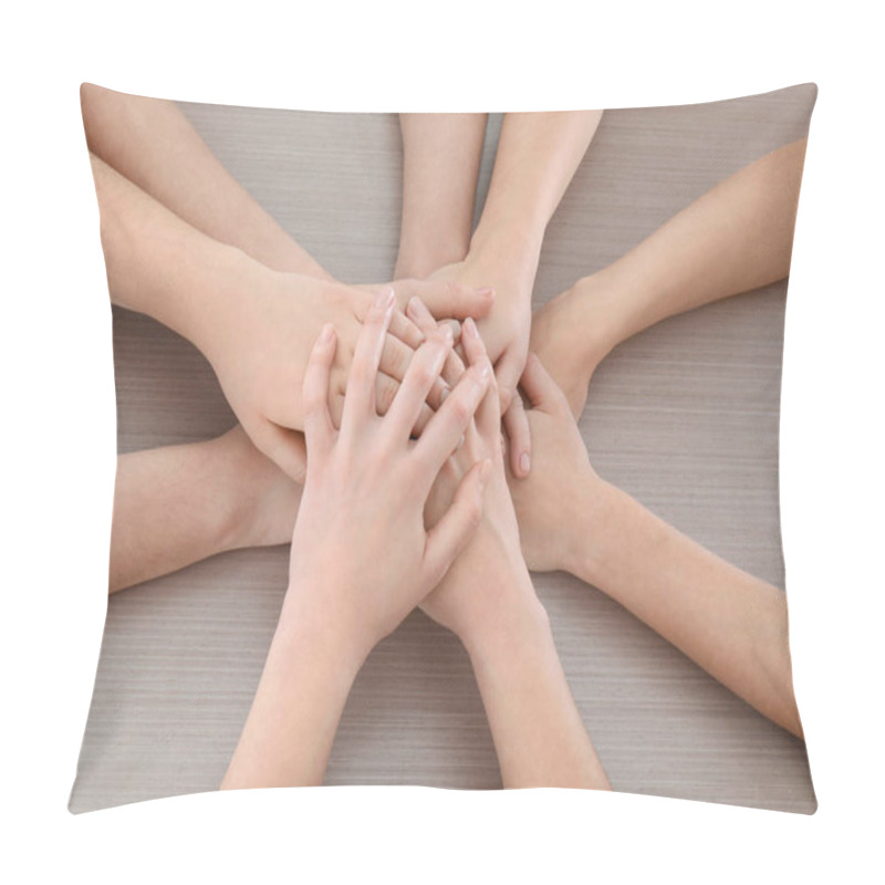 Personality  Group Of People Putting Hands Together On Wooden Background. Unity Concept Pillow Covers