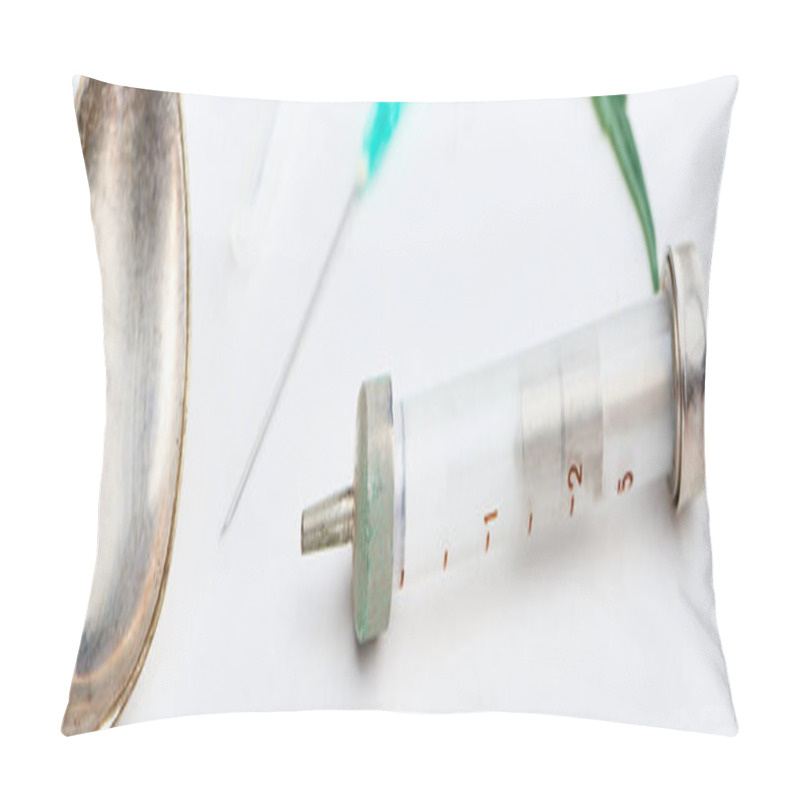 Personality  Close Up View Of Spoon, Syringe And Needle On White Background, Panoramic Shot Pillow Covers