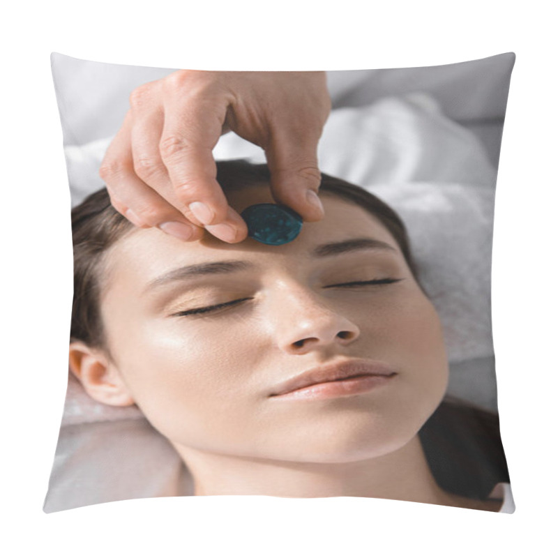 Personality  Cropped View Of Healer Standing Near Woman Lying On Pillow With Closed Eyes And Using Stone Pillow Covers