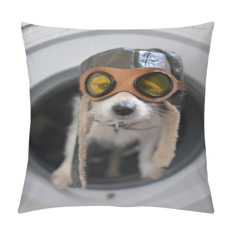 Personality  JACK RUSSELL DOG INSIDE A WASHING MACHINE WEARING A AVIATOR OR PILOT HAT AND GLASSES Pillow Covers