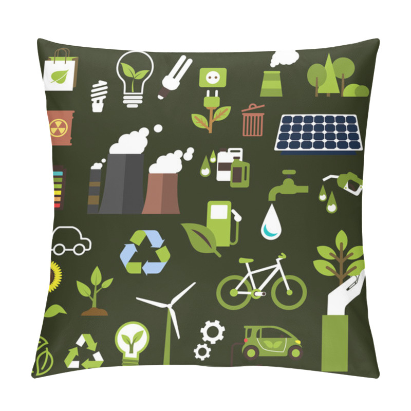 Personality  Ecology Symbols With Flat Icons Of Industrial Pollution, Transport, Saving Natural Resources, Green Energy And Oil, Light Bulbs,  Renewable Resources, Recycling And Protect Environment  Pillow Covers