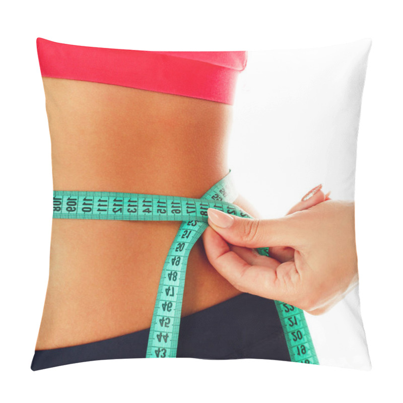 Personality  Woman Measuring Her Waist Over White Background. Wellness Concep Pillow Covers