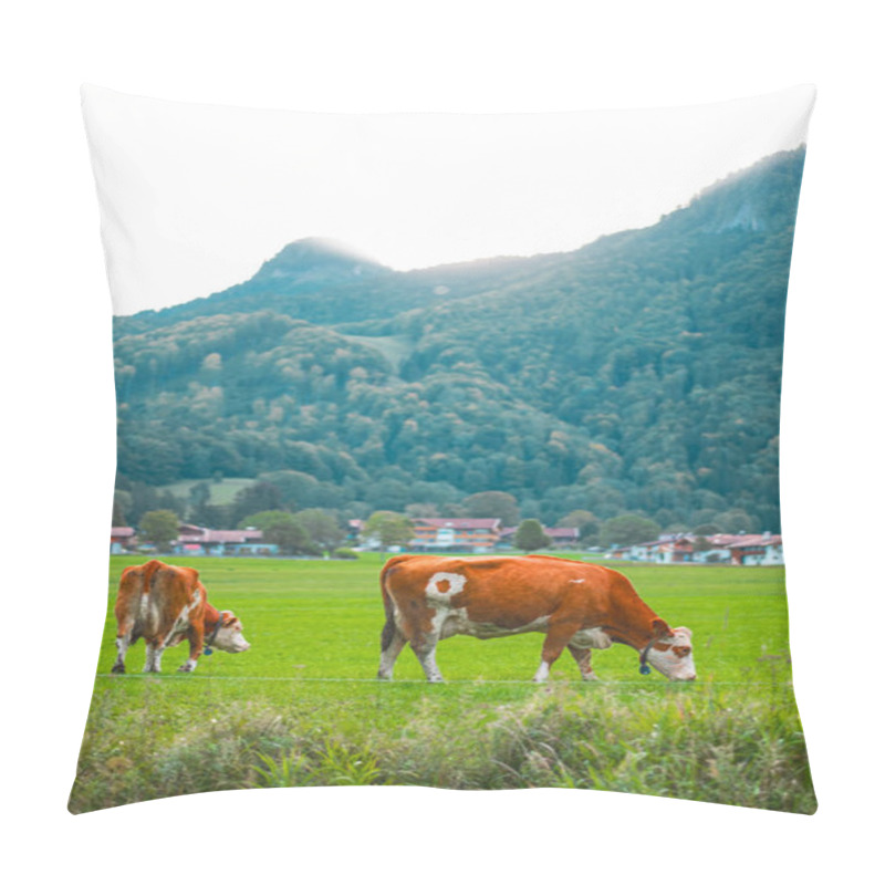 Personality  A Serene Rural Scene With Cows Grazing Peacefully On A Verdant Field, Framed By Majestic Mountains, Creating A Tranquil Atmosphere In The Picturesque Countryside. Pillow Covers