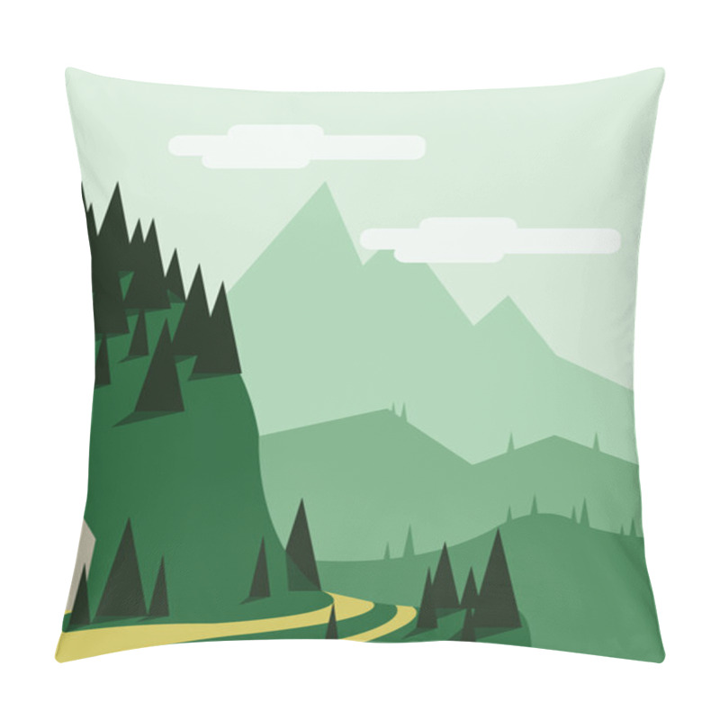 Personality  Abstract Landscape With Pine Trees, An Yellow Curved Road, A Tunnel Entry, Green Hills And Mountains, Over A Light Green Background With White Clouds. Digital Vector Image. Pillow Covers