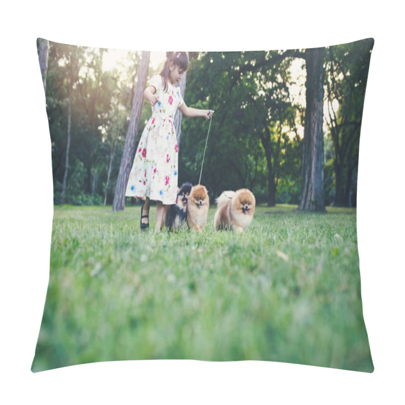 Personality  Beautiful Little Girl Enjoying In Park With Her Adorable Pomeranian Dogs. Pillow Covers