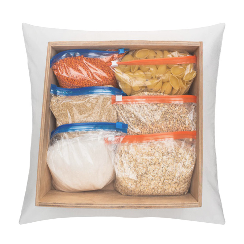 Personality  Top View Of Pasta And Groats In Zipper Bags In Wooden Box On White Background, Food Donation Concept Pillow Covers