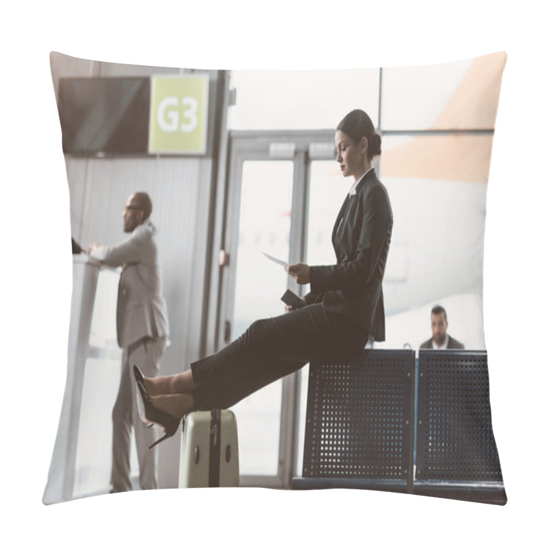 Personality  Businessman Looking At Ticket While Waiting For Flight At Airport Lobby Pillow Covers