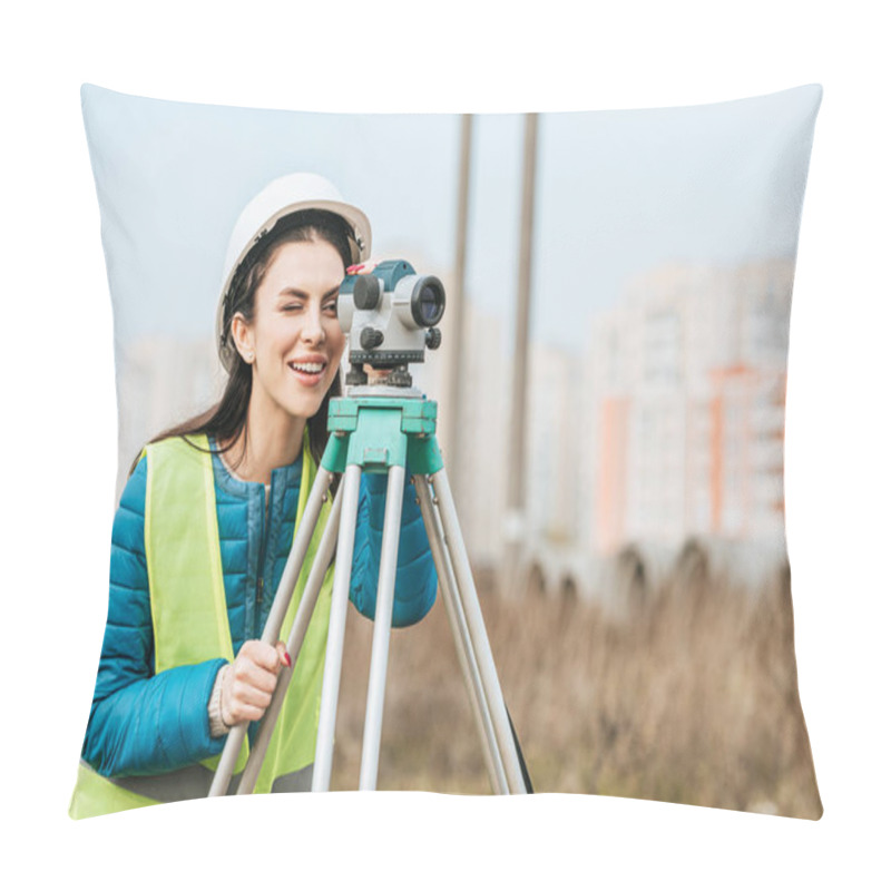 Personality  Smiling Surveyor Looking Through Digital Level Pillow Covers