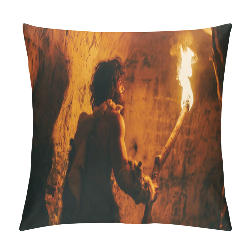 Personality  Portrait Of Primeval Caveman Wearing Animal Skin Exploring Cave At Night, Holding Torch With Fire Looking At Drawings On The Walls At Night. Neanderthal Searching Safe Place To Spend The Night Pillow Covers