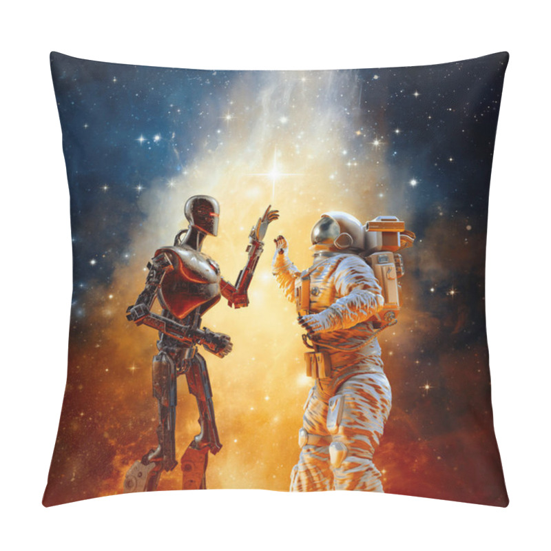 Personality  Galactic High Five / 3D Illustration Of Science Fiction Scene With Astronaut Greeting Alien Robot In Outer Space Pillow Covers